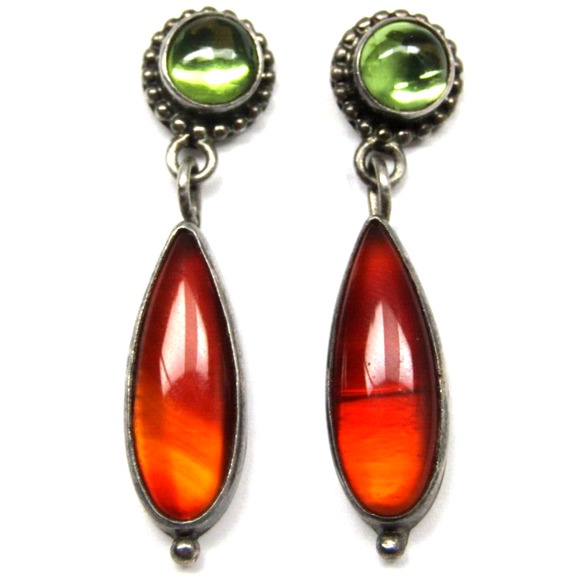 Sunwest Silver Co Sterling Navajo Amber Teardrop Earrings w/ Peridot Cabochon - Picture 1 of 4